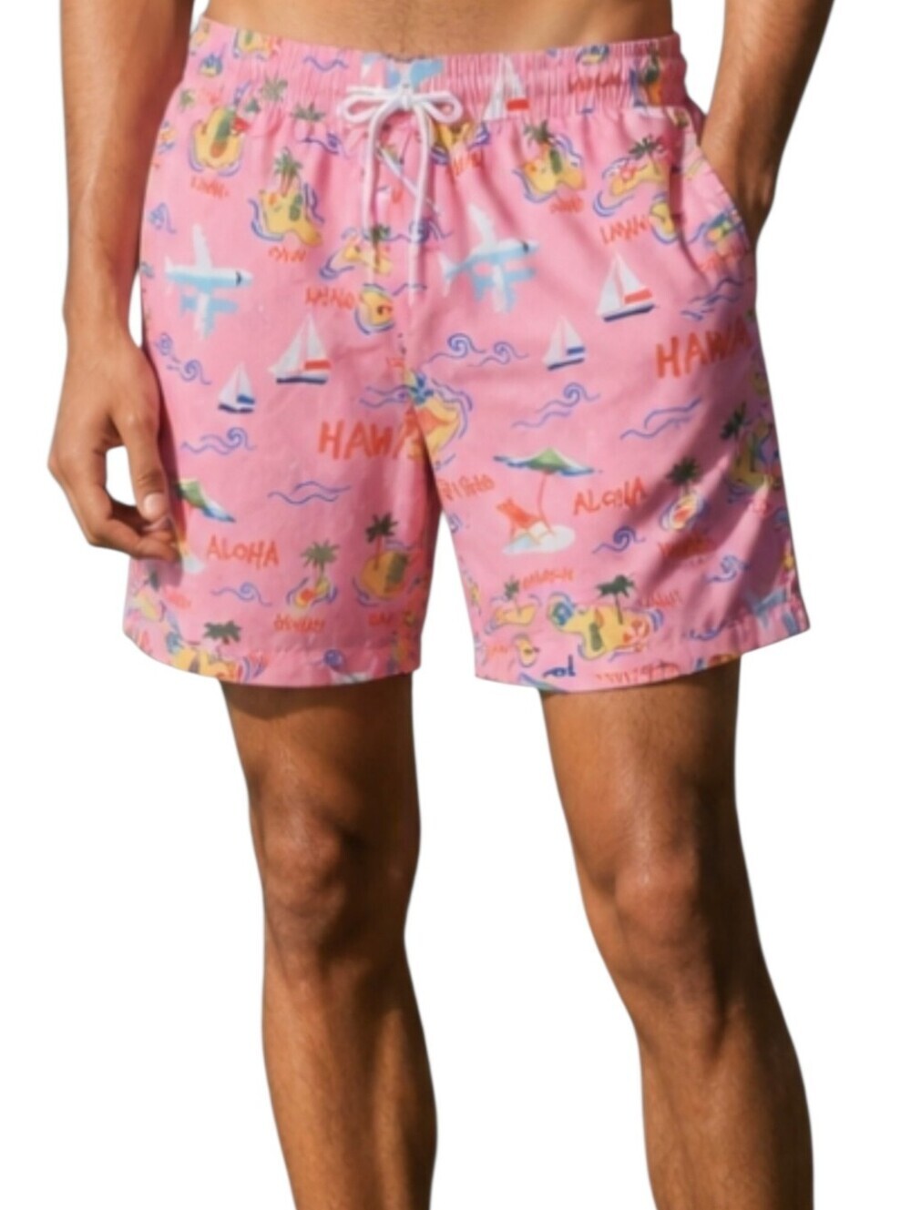 Edgar + Ash Mens Pink Travel Hawaii Print Beach Vacation Swim Trunks Large